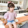 Girls summer fashion Court style retro jacquard blouses knitted cotton puff sleeve Tops 210508