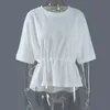 [EAM]女性ブラックビッグサイズ包帯プリーツTシャツラウンドネック3四半期スリーブファッションスプリングサマー1DD664801 21512