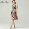デザイナー夏休みドレス女性のファッションマッチングフラワープリントノースリーブボヘミアパーティーニーレングス210524