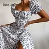 Glamm Lady Floral Print Casual Midi Robes de soirée sexy pour femmes sans bretelles automne robe d'été Club robe moulante Puff Vestidos 210323