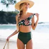 SEASELFIE Eine Schulter Rüschen Hohe Taille Bikini Sets Frauen Sexy Grün Floral Zwei Stück Badeanzug Schwimmen Anzug Bademode 210702