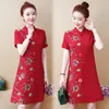 Party klänningar sommar bomull och linne broderi förbättrad cheongsam klänning vintage blommig kortärmad mini kvinnor röd svart