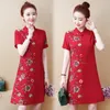 Abiti da festa Abito estivo in cotone e lino ricamato Abito cheongsam migliorato Vintage floreale manica corta Mini donna rosso nero