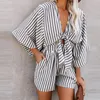 Women's Tracksuits Women Casual Loose Overalls Rompers Summer Retro Striped Print Playsuit Female Elegant V-Neck Tie-up Bow Shorts Jumpsuits