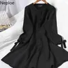 Neploe coréen robe simple boutonnage femme couleur unie tout match tricoté robes à lacets col rond taille mince robes minces femmes 210422