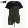 [EAM] T-shirt lunga a pieghe irregolari verde militare da donna girocollo manica lunga moda primavera estate 1DD6626 210512