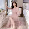 Elegante abito rosa con paillettes Midi Mesh Donna manica lunga fata primavera coreana abbigliamento per feste di nozze da donna Y2k 210604
