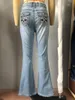 Jeans femeninos vintage mujer acampanada bordada
