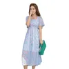 Szyfonowa sukienka Lato Krótki Rękaw V-Neck Ruffles Midi Suknie Office Lady Petal Floral Print Vestidos 210514