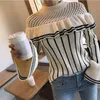 Elegante Herbst Winter Rüschen Gestreiften Weihnachtspullover Oansatz Frauen Flare Sleeve Chic Pullover Strickpullover Tops 210514