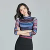 韓国の女性のブラウス秋の縞模様のブラウストップス女性長袖基本タートルネックメッシュプラスサイズ210531