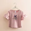 Zomer Nieuwigheid 2-10 jaar kinderen Tops Kleding O-hals Trumpet Flare Korte Mouw Boog Gestreepte T-shirt voor Baby Kids Girl 210701