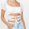 Mode Hollow Out Chic Crop Top Women White Puff Sleeve Casual Spring Square Collar High Waist Slim Bomull Vintage T-shirt 210422