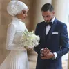 Blygsam muslim bröllopsklänning turkiska gelinlik spets applique golv längd islamisk hög nacke brudklänningar hijab långärmad paty klänningar