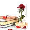 Objets Décoratifs Figurines Fleur Rose Éternelle Soie Rouge Et Lumière LED Avec Pétales Tombés Dans Un Dôme De Verre Sur Un Socle En Bois Cadeau Pour Valenti