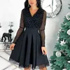 Capucines 2021 New Shiny Sequin Mesh Stitching Woman Dress Spring Autumn Long Sleeve A Line Belted Ladies Elegant Party Dresses 210322
