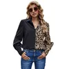 Leopard patchwork blus kvinnor sommar mode nedbrytning krage långärmad plus storlek kontor damer skjorta kvinnliga toppar och blouses 210608