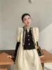 Vintage Patchwork Lange Mouwen Midi Jurk Vrouwen Ruffles Puff Ladies Glitter Koreaanse Mode Kleding 210427