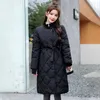 Vinter Solid Long Jacket Kvinnor Ställ Krage Med Sashes Kvinnors Parkas Tjock Bomull Barnad Outwear Casual Coats 210923