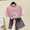 Wwenn korte mouwen oversized t-shirt vrouwen tops zomer plus size looes roze vrouw t-shirt katoen witte kralen kleding 210507