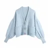 Sweet Mulheres Céu Azul Sweater Fashion Diamantes Diamantes Botão Casacos Elegante Feminino Chique Chique Filhote Spruff Sleeve Cardigan 210430