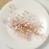 Fashion Wedding Rose Gold Comb Headdress Pearl Rhinestone Hair Accessories Bride Handmade Tiara Ladies Prom Jewelry Clips & Barrettes