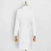 White Minimalist Dress For Women V Neck Long Sleeve High Waist Casual OL Dresses Female Clothing Autumn 210520