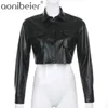 Black Faux Leather Women Spring Autumn Slim Biker Pockets Long Sleeve Turn Down Collar Short PU Jacket 210604