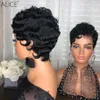 Svart Easy Curly Human Hair Wigs With Bangs Full Machine Made Short Curl Pixie Cut Wig For Women3594357