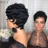 Black easy curly Human Hair Wigs with Bangs Full Machine Made short curl pixie cut wig For Women