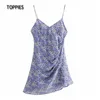 Sukienki letnie Kobiety Sexy Camisole Mini Sukienka Asymetryczne Plisowane Sundress Floral Printing Bluzki 210421