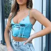 Sexy Staghetti V-ausschnitt Satin Korsett Top Mit Trägern 2021 Sommer Floral Print Kleidung Blau Ärmellose Club Frauen Crop Tops y0622