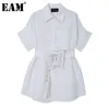 [EAM] Kobiety Białe Sashes Pocket Duży Rozmiar Bluzka Lapel Krótki Rękaw Loose Fit Koszula Moda Wiosna Lato 1DD6108 21512