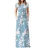 Summer Maxi Floral Dress Women Long Party Dress Ladies Loose Pocket Short Sleeve Casual Dress Robe Femme Sundress 210719