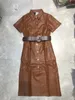 Botão de inverno Cinto PU vestido de couro mulheres midi vintage casual manga curta escritório preto coreano vestidos 210521