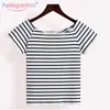 Aelegantmis Camisa a rayas en blanco y negro Mujer Verano Manga corta O-cuello T Femme Casual Basic Tops Rojo 210607