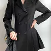 Woman Dress Spring French Style Elegant Double Breasted Slim Pleated Black Mini Suit Dresses Office Lady Vintage 210608