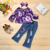 Barnkläder Ställer Floral Outfits Barn Blomma Tryck Toppar + Hål Denim Byxor + Huvudband 3st / Set Vår Höst Mode Baby Kläder