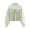 Vintage Organza Patchwork Ruffled Stickad Blusskjorta Kvinnor Elegant Transparent Tulle Puff Sleeve Top Blusas Mujer 210427