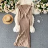Kimutomo Kadınlar Katı Örme Elbise İlkbahar Sonbahar Chic Kore Bayanlar V Yaka Ince Bel Düğmeleri A-Line Pileli Vestidos Zarif 210521