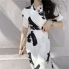 Summer Korean Ink Printed Long Dress Women Short Sleeve V-neck Belted Dresses Vintage Fashion Ladies Vestidos 210513