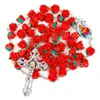 Collana rosario con perline di rose rosse Croce cristiana Rosari in ceramica morbida Collane lunghe Gioielli religiosi per donne Ragazze Moda Will e Sandy