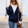 Striped Zipper Typle V Loose Hoodies Women Autumn Winter Streetwear Clothes Female Sweatshirt Hooded Long Sleeve Green Dark Blue 210507