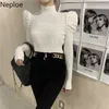 Neploe Fashion Pleated Sweaters for Women Elegant Puff Sleeve White Slim Tops Korean Turtleneck Sweater Jumper Fall Clothes 210914