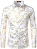 Mens Luxury Paisley Floral Gold Shiny Print Shirts Camisas Stylish Slim Long Sleeve Dress Shirt for Party Prom Show Men Clothing 210721