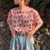 Frauen Rosa Blumendruck T-Shirt Kurzarm O Neck Tees Tops Süße Lose Sommer B0833 210514