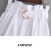 Mulheres moda white paperbag Bermuda shorts feminino com cinto alta-cintura turn-up hems zip fly calças 210520