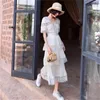 High Quality Self Portrait Designer dress fashion white lace Ladies V neck Short Sleeve ruffles Long Dress 210603