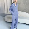 Blue Satin Solid Women's 2 Pieces Suit Loungewear Shirt Tops+wide Leg Pants Ladies Home Suit Wear Loose Casual Trousers Set Chic 211112
