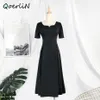 Minimalistisk vit te paus klänning fransk hög midja drape v-nacke elegant svart parti temperament kvinnor sommar 210601